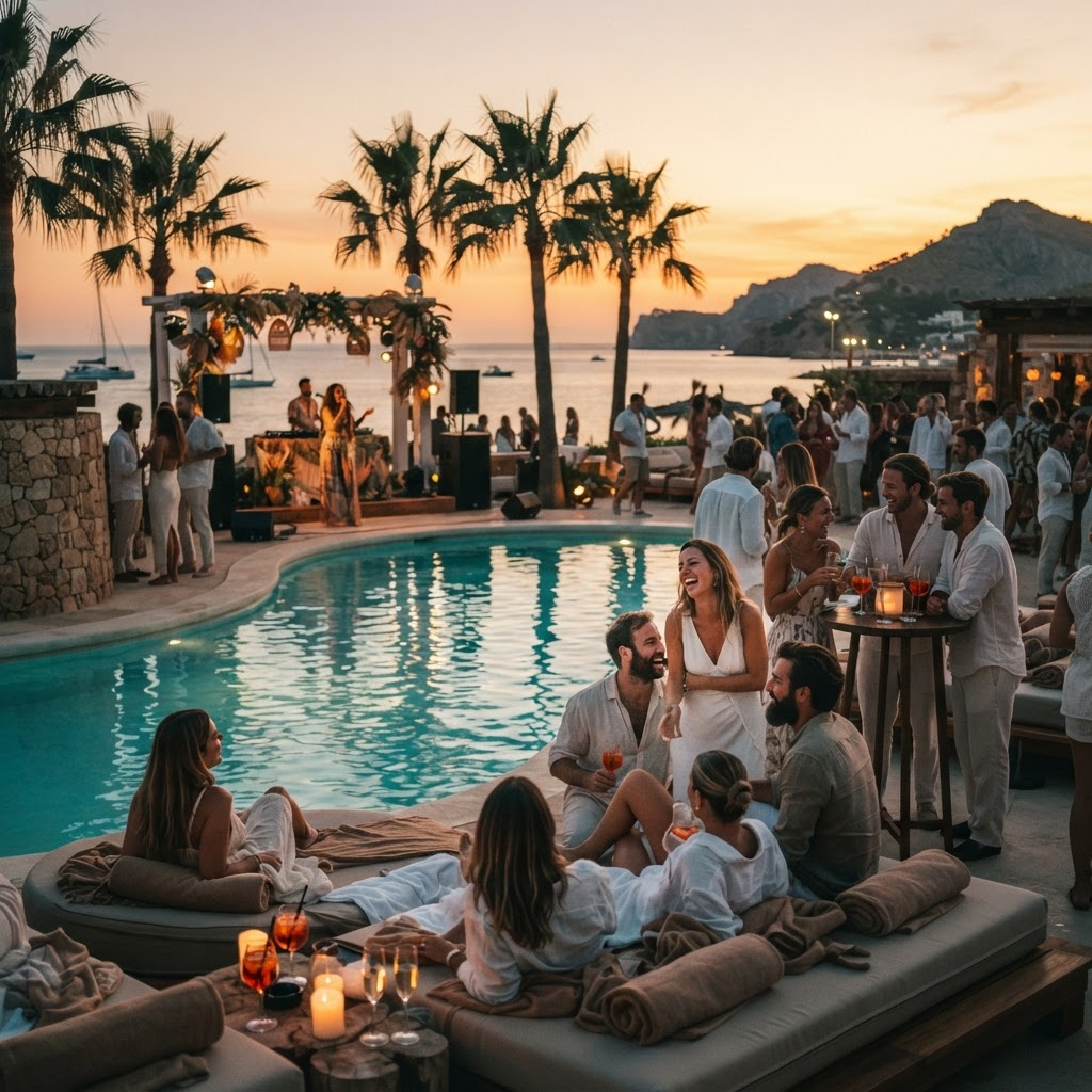 Luxury Ibiza beach club pool at golden hour with palm trees and performers