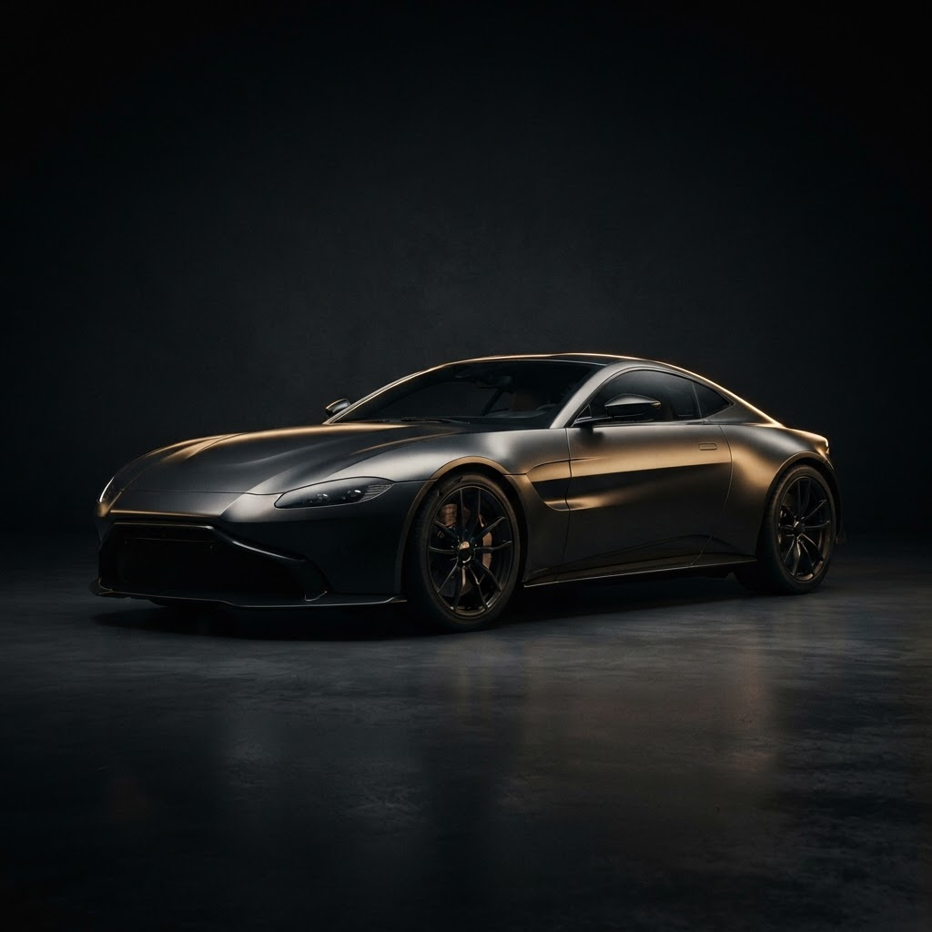 A luxury Porsche sports car parked on a dark studio backdrop