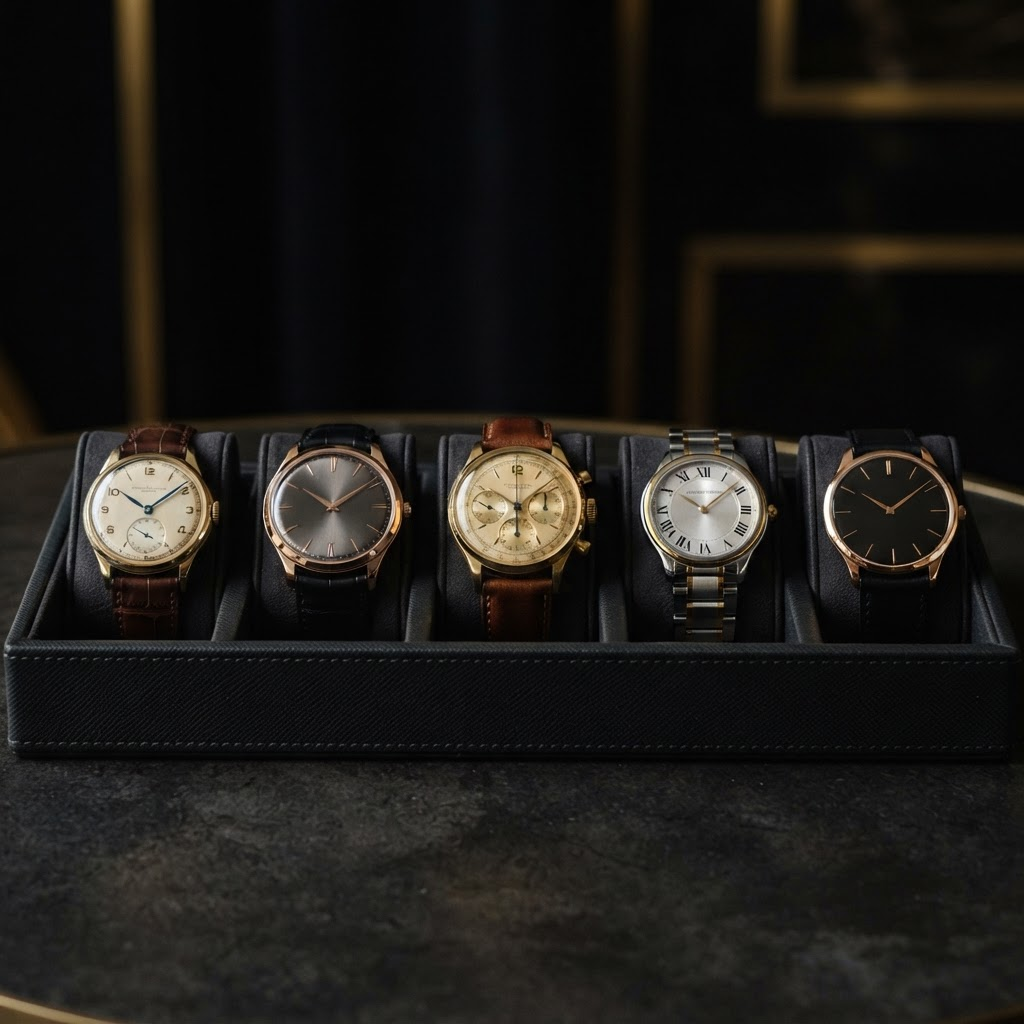A collection of luxury watches arranged on a dark leather surface