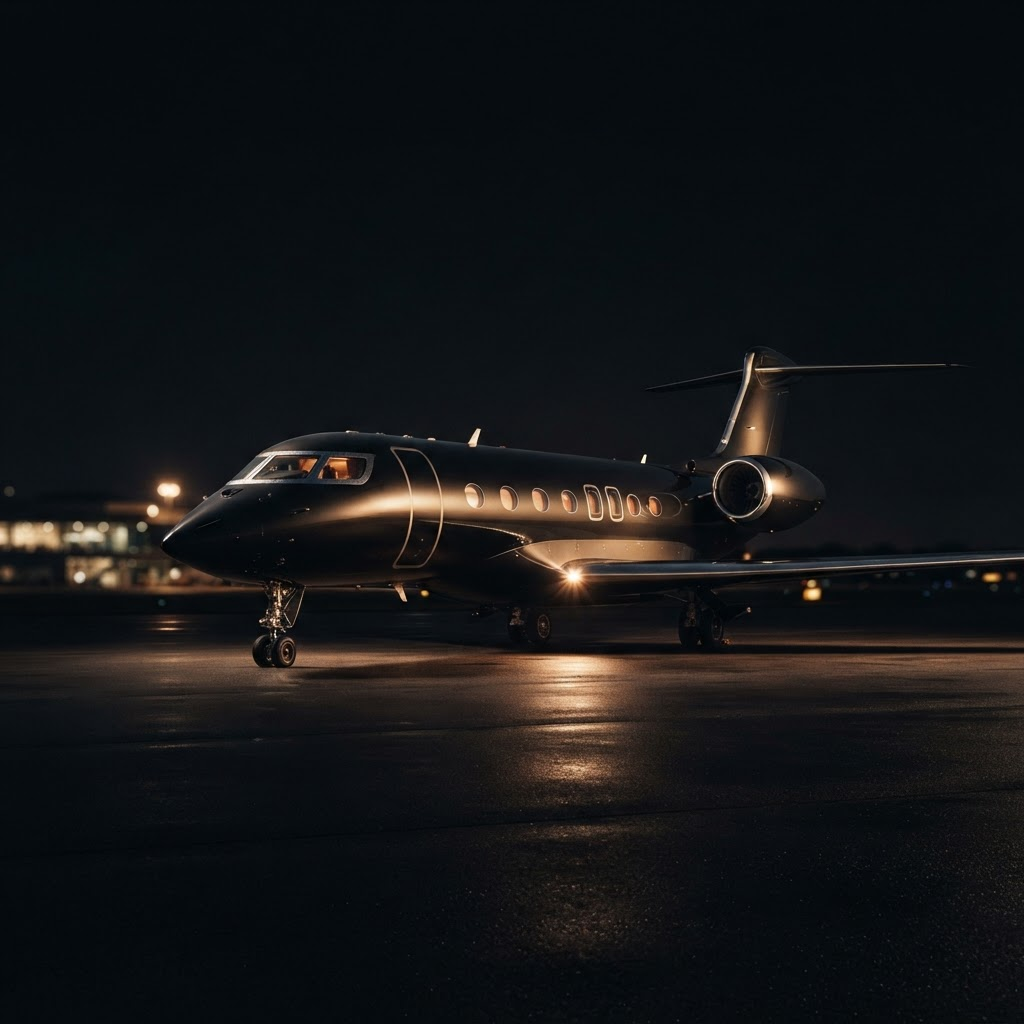 A private jet on a runway at dusk