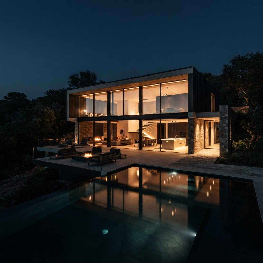 A modern luxury villa illuminated at dusk