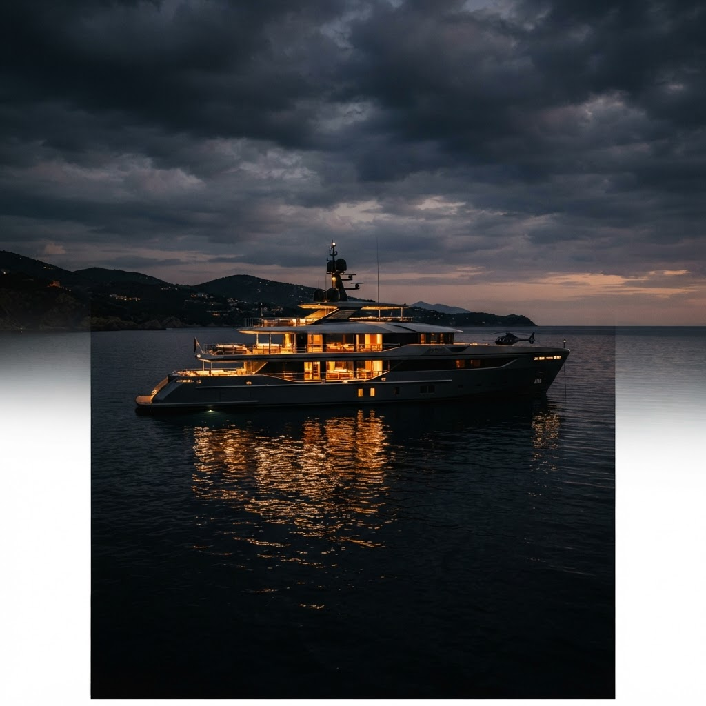 A superyacht at anchor in open water at dusk