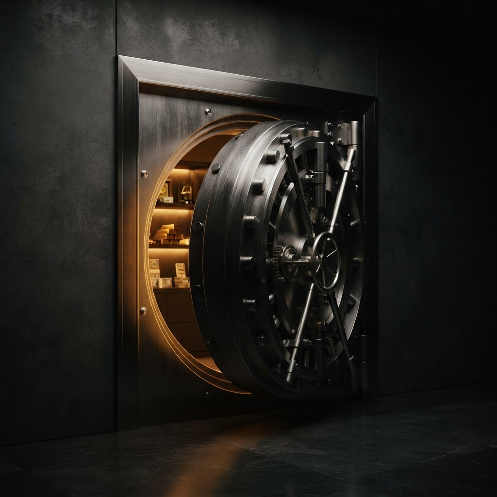 A secure vault door representing funds held safely in escrow until conditions are met